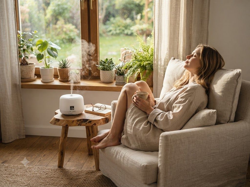 Žena odpočívá v křesle u okna, na stolku vedle ní běží aroma difuzér