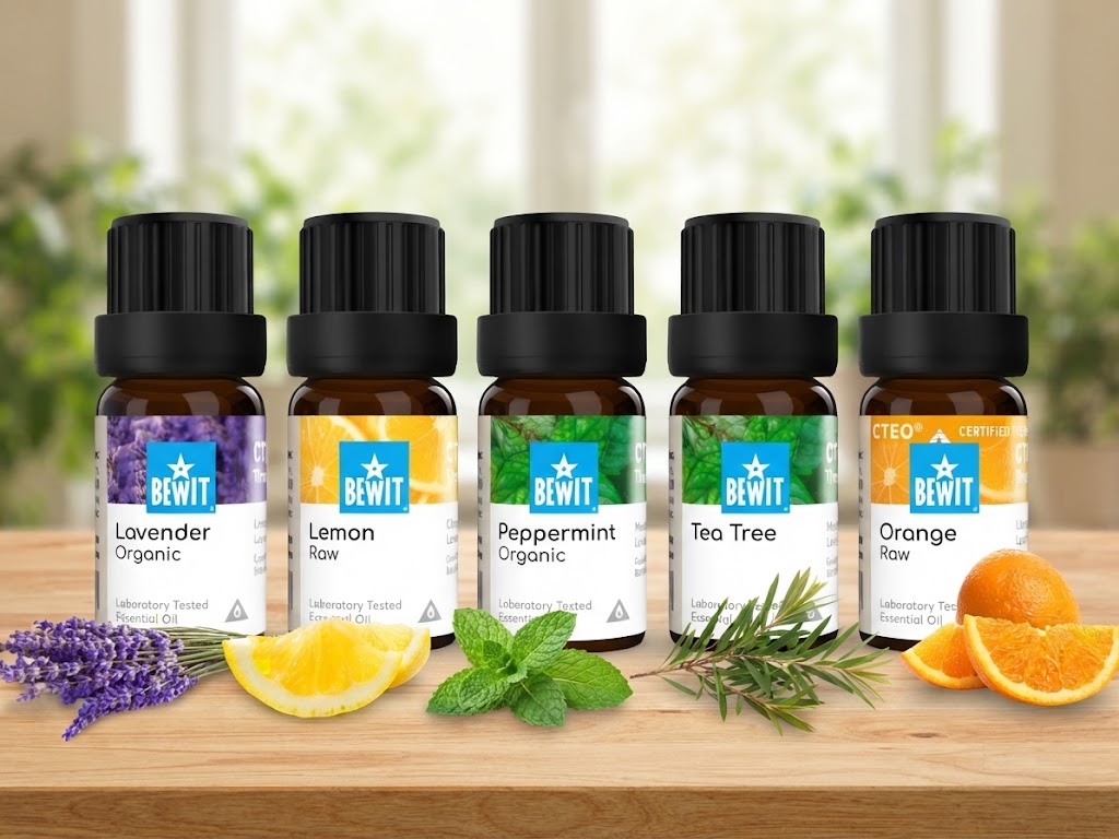 Pět základních esenciálních olejů pro začátečníky — levandule, citron, máta peprná, tea tree a pomeranč